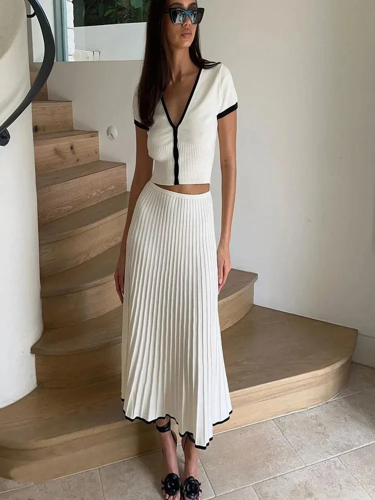 Summer Women White long Skirt Suit Short Sleeve V-neck crop top pleated set elegant dress 2 piece skirt set 260208
