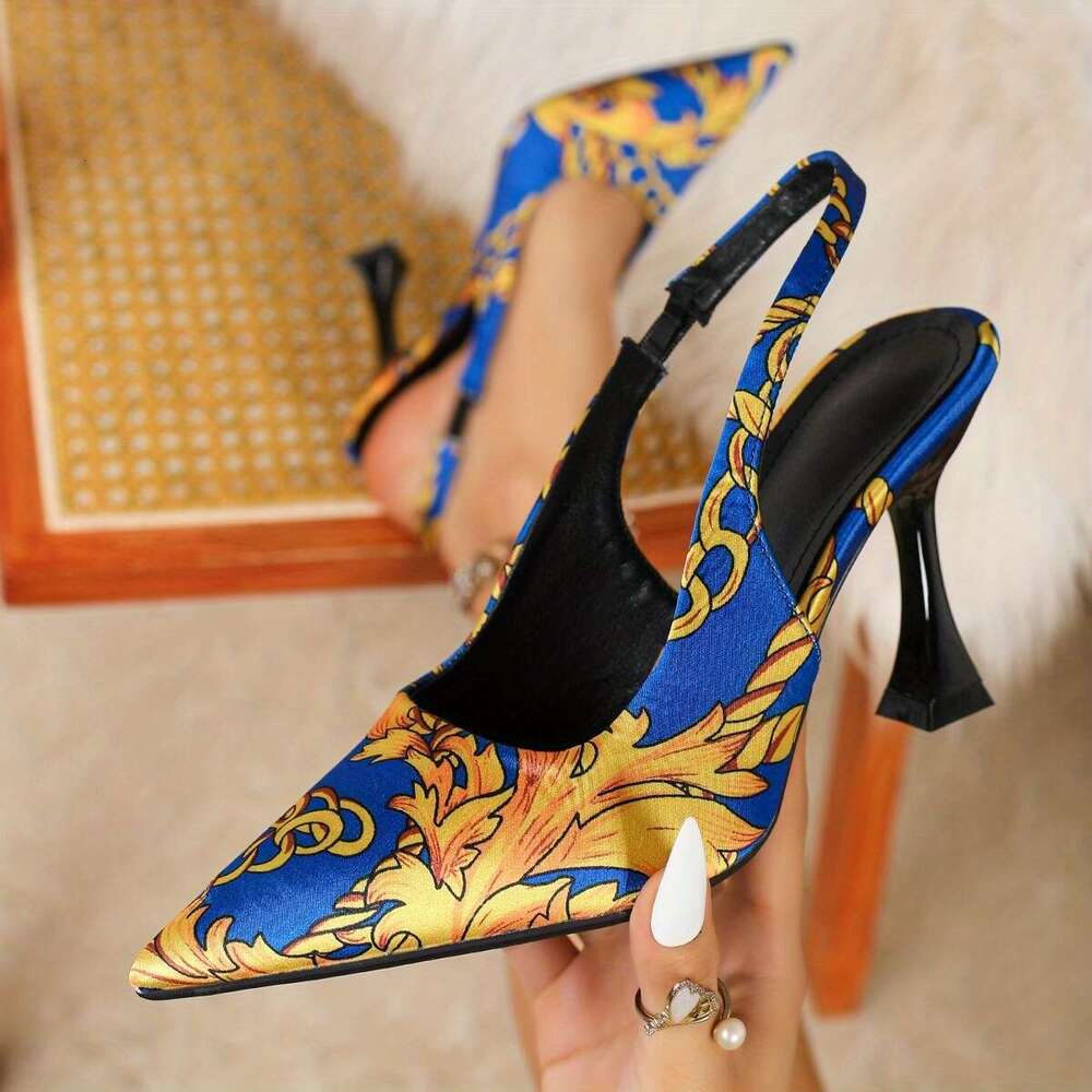 Elegant Women S Sandals Printed Chain Pointed Toes Featuring Comfortable High Heels With A Trumpet Thin Heel These Black High End Shoes Exude Luxury M