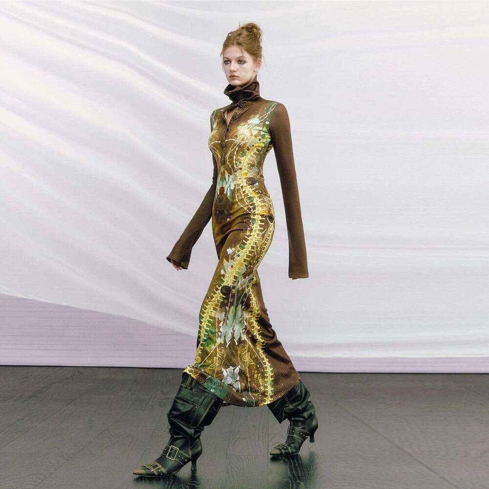 Ruisi Design Bone Print Dress For Women, Sleeve, High Collar, Unique Fishtail Long Dress, Early Spring 2026
