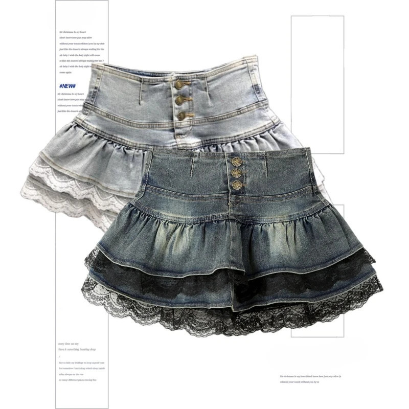 Woman Vintage Denim Pleated Skirt Lace Fold n Aline Short Built in Shorts American Spicy Girl Korea Fashion sweet 260126