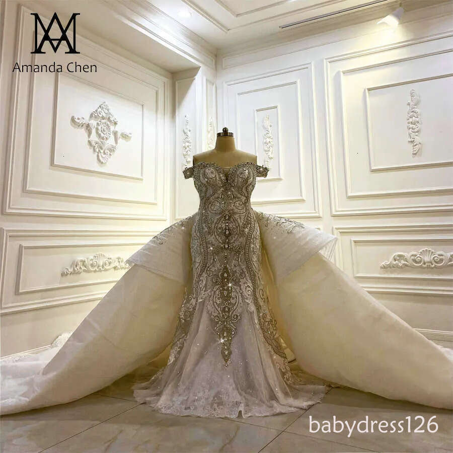 robe mariage femme Off Shoulder Heavy Beading Rhie Removable Train Wedding dress