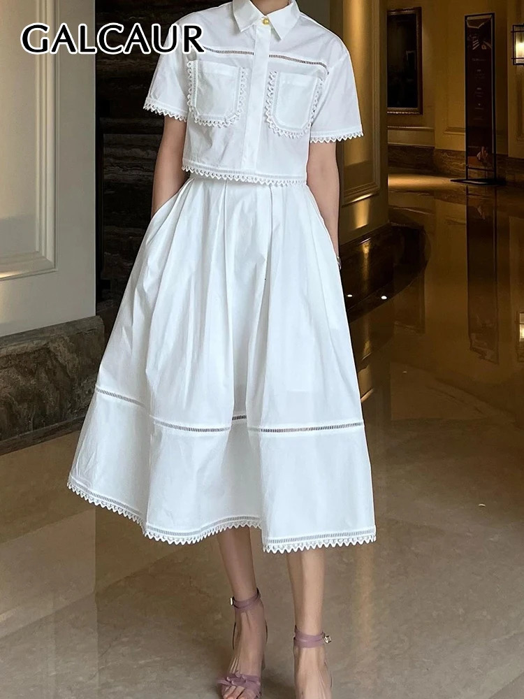 GALCAUR Elegant Two Piece Sets For Women Lapel Short Sleeve Tops High Waist A Line Pleated Skirts Solid Set Female Summer 260208