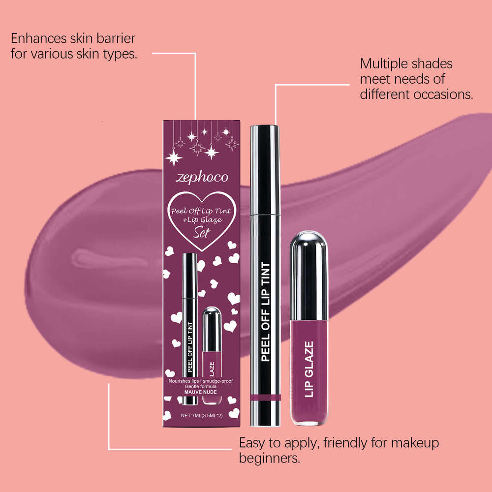zephoco Purple Red Peel-Off Liner and Glaze Set Matte Texture Gentle Feel Fashionable Lip Color