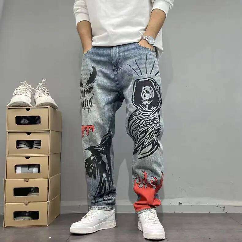 Men's Retro American Hip Hop Flame Skull Print Man High Street Motorcycle Denim Long Pants Baggy Jeans Men Techwear