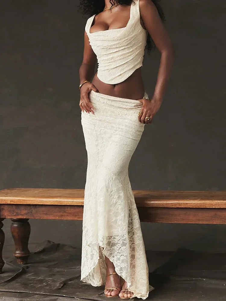 Lace Bandage 2 Piece-Set Long Skirt Female Patchwork Fashion Backless High Waist Elegant Lace-Up Maxi Skirt Sets Outfits 260208