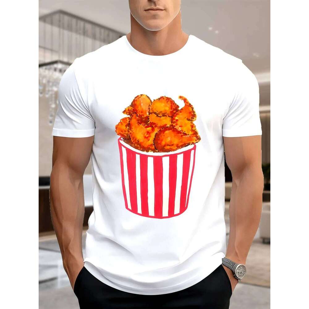 Men's Cotton Printed T-Shirt - Trendy Red & White Striped Fried Chicken Graphic, Soft Breathable Tee for Casual Wear, Summer Str X260209