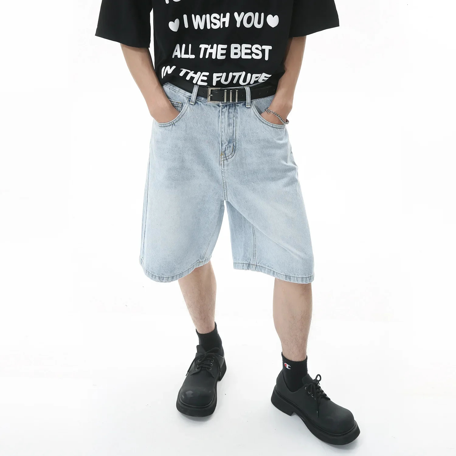 Vintage Mens Jeans High-Streets Wide-leg Pants Men Summer Baggy Jeans Denim Shorts for Men Streetwear Knee Length Short Pants 260208