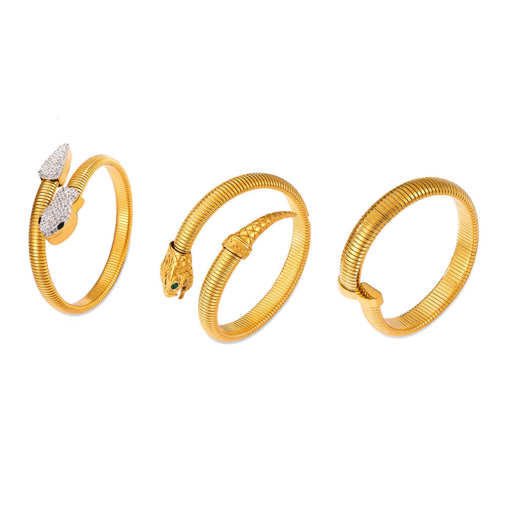 Stainless steel snake-shaped zircon open plated with 18k gold, ins geometric heavy-duty design, unisex personalized light luxury bracelet