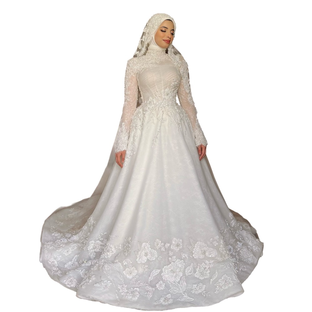 Muslim High Neck Wedding Dresses 3D Floral Appliques Bridal Gowns A Line Princess Long Sleeves Customized Vestidos De Novia Plus Size