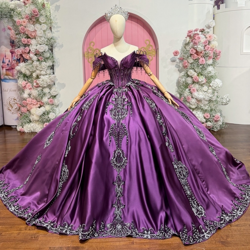 Purple Quinceanera Dresses Ball Gown Off The Shoulder Sequin Applique Lace Beading Crystal Bow Corset Sweet 16 Dress Vestidos 15 Anos