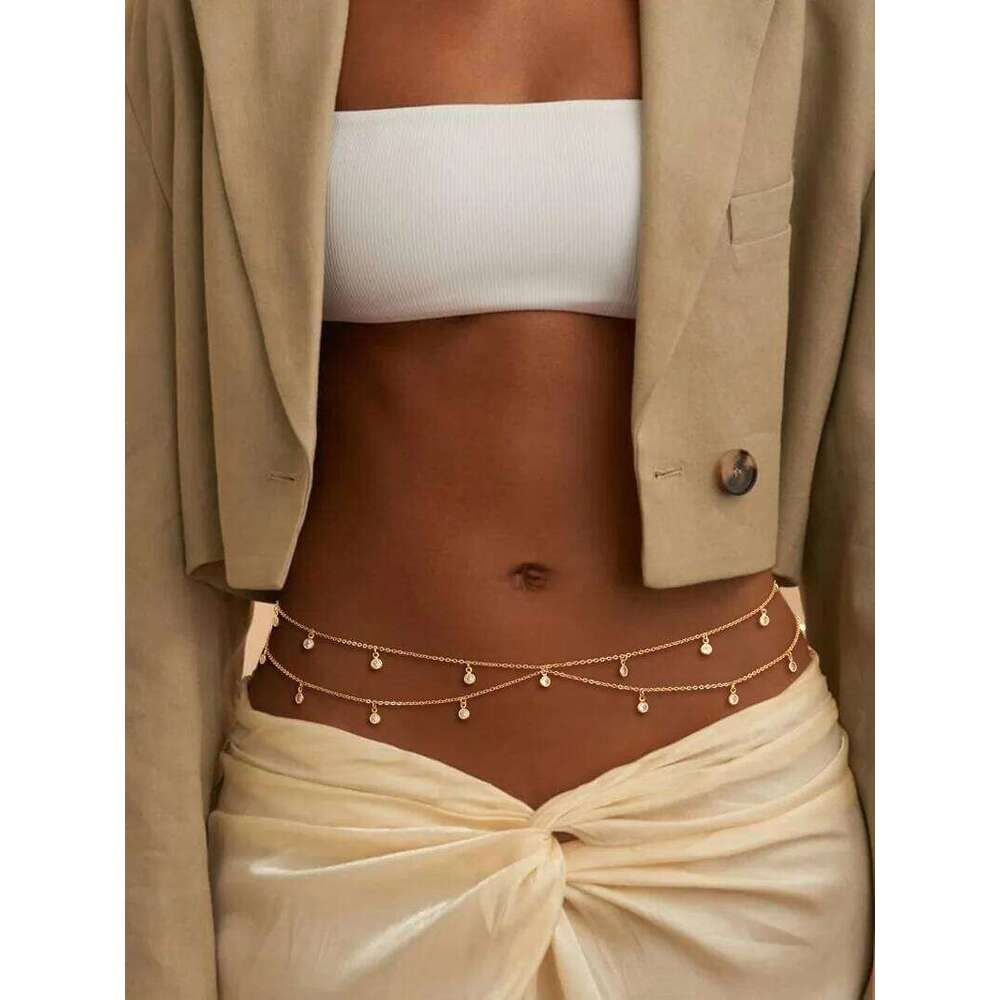 Chain, 14K Gold Plated Belly Adjustable Sexy Diamond Bikini Waist Beads for Women Body Chain Jewelry X260209