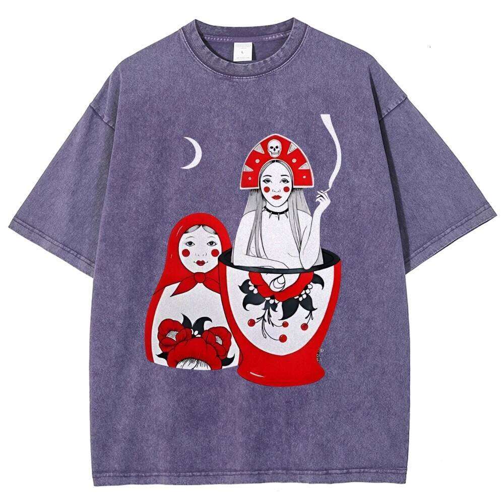 Russian Doll Pattern, Style, Y2k Graphic Tee, Women's Oversized T-Shirt, Cute Hand-Painted Bunny, Korean Style Art, Summer X260209