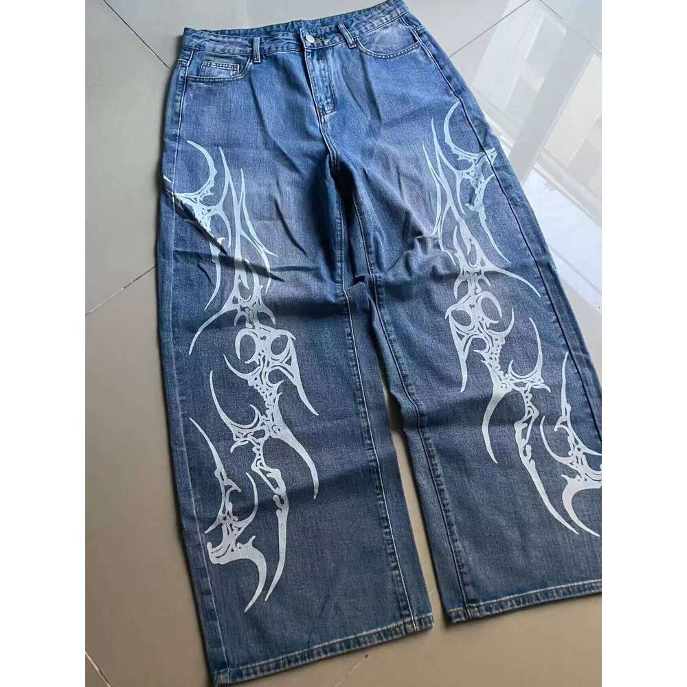 2025 retro blue printing baggy jeans y2K harajuku trend men women hip hop fashion casual Joker couple Wide-leg pants streetwear