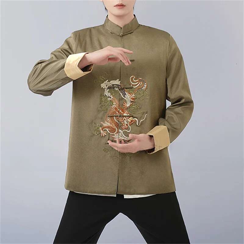 Mardi Hefxessdr Autumn New Male Tang Clothes Satin Embroider Dragon Jacket Chinese Martial Arts Costume Men Festival Gift Big Size Xl
