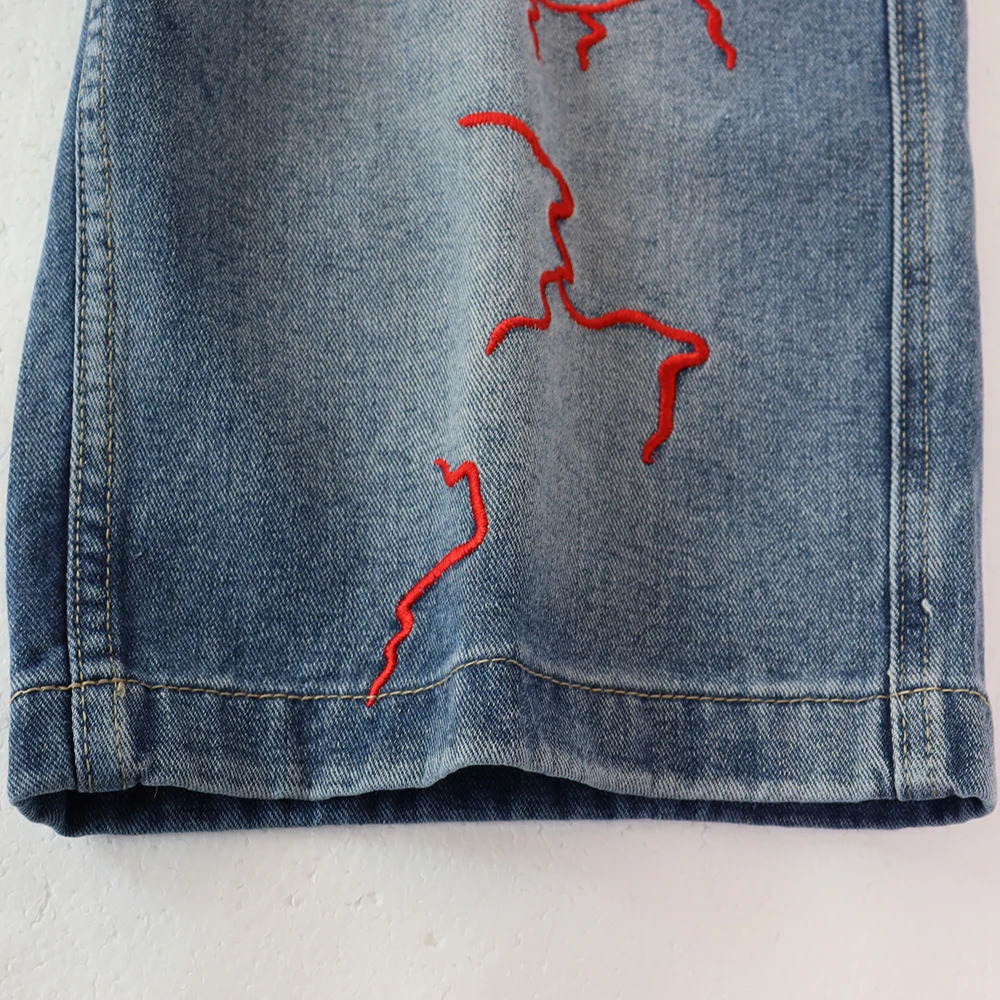 Skittle Printed Colorful Letter Lightning Embroidery Denim Washed Loose Shorts for Men Harajuku Streetwear Baggy Jeans Oversized 260208
