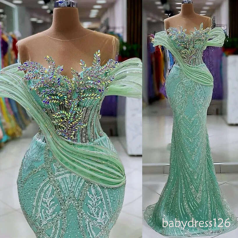 Aso Ebi Mint Mermaid Prom Dress Beaded Crystals Sequined Lace Evening Formal Party Second Reception Birthday Engagement Gowns Dresses Robe De Soiree D