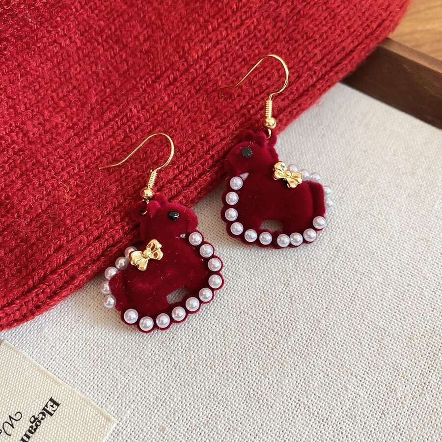 Chinese Gold Earrings Plated Zodiac Horse with Flocked Pony Pearl and Red Crystal Accents Light Luxury for Festival and 1 Cultural Celebration High Qu