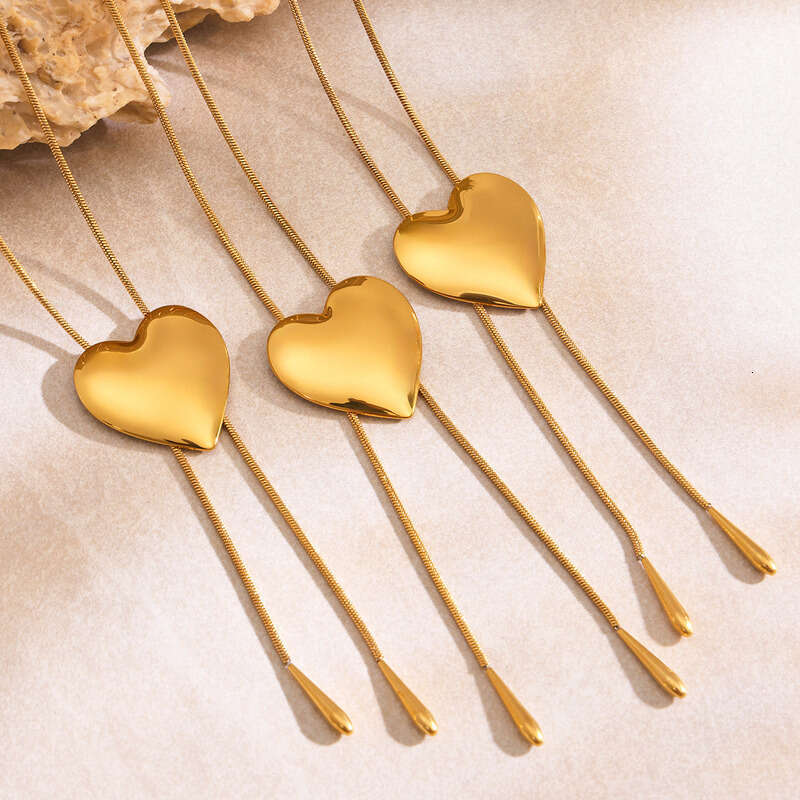 18k Gold / Silver Plated Necklace: Stainless Steel Pull Buckle Heart Shaped Smooth Long Necklace 18k Gold Plated Wearable Side Jewelry Sweater Chain, 