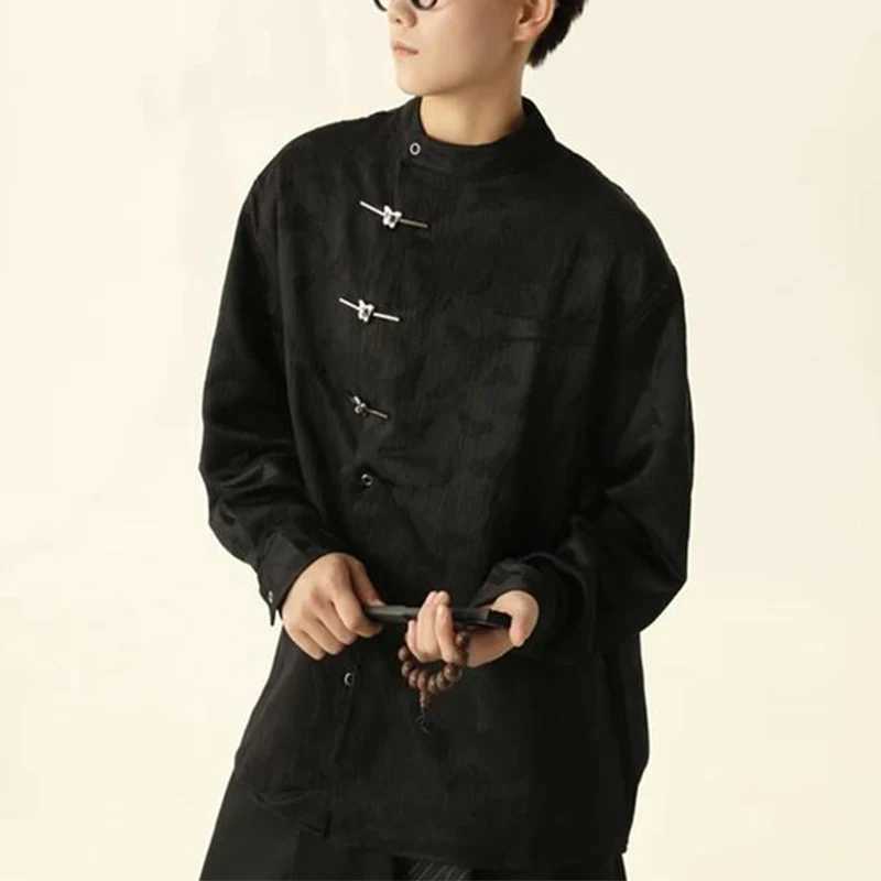 Spring Autumn Chinese Style Stand Collar Vintage Butterfly Buckle Shirt Male Loose Casual Jacquard All-match Blouse Hombre Tops C260209