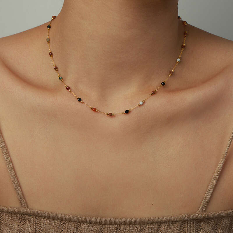 Minimalist Bohemian Beaded Necklace & Bracelet Set: Fashion Niche Personality Versatile Geometric Mix and Match Natural Stone Design Titanium Steel Je
