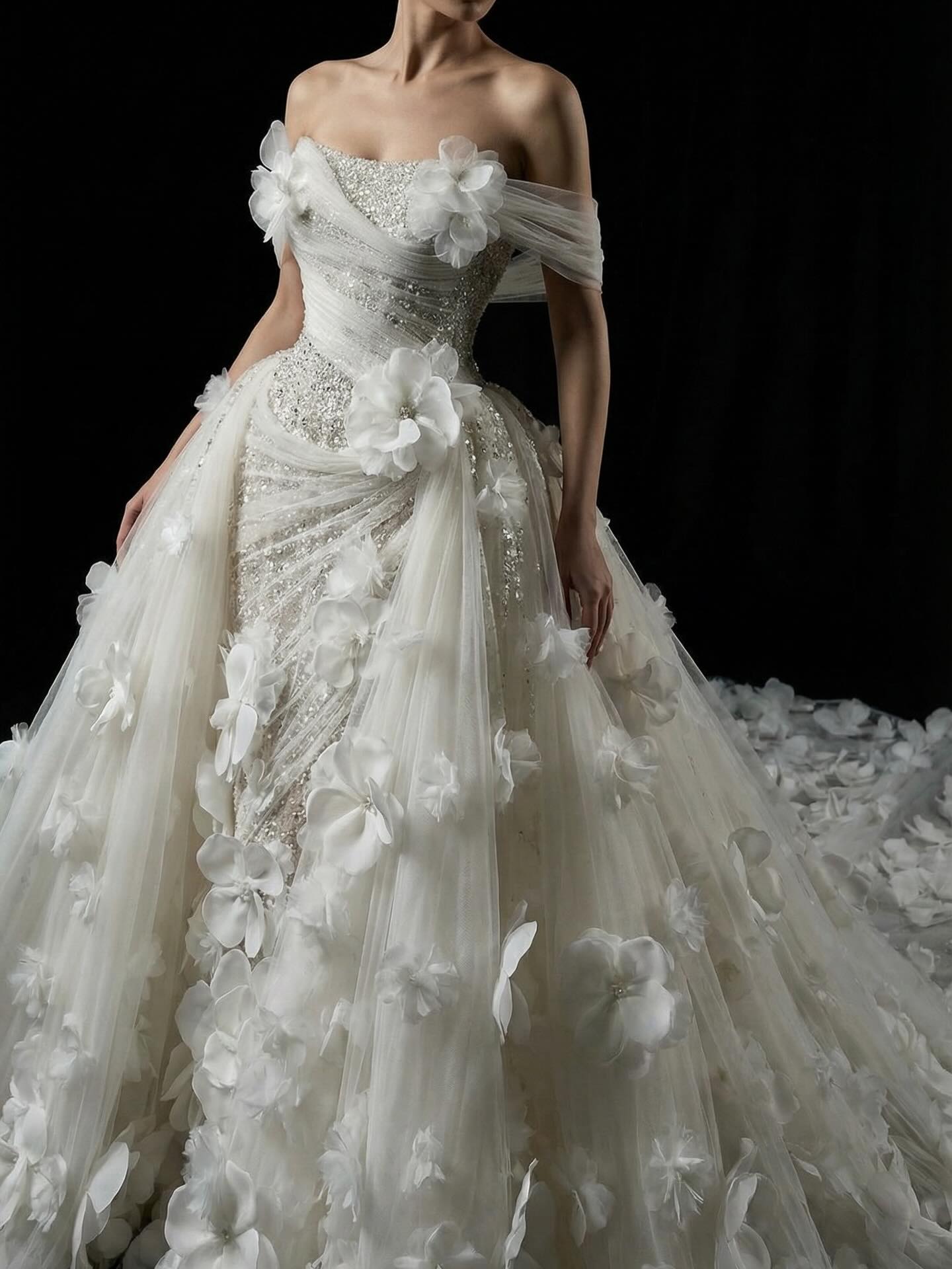 Romantic 3D Floral Wedding Dresses Crystal Mermaid Bridal Gowns with Overskirts Pearls Flowers Customized Vestidos De Novia Plus Size