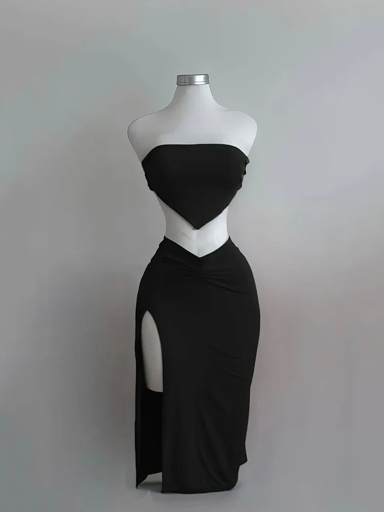 Strapless Backless Crop Top High Waist Skirt 2 Piece Set Women Summer Sexy Slim Fit Split Midi Dress Tube Suits Party Club Sets 260208