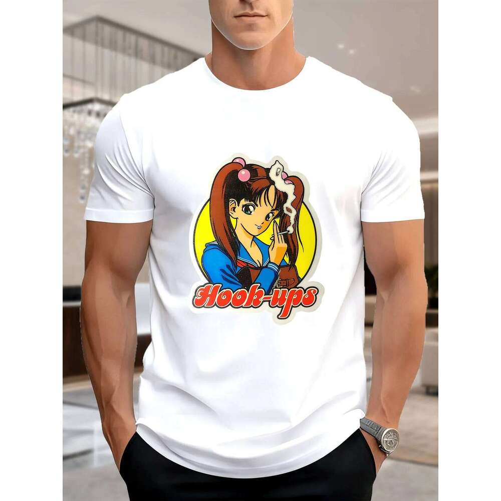 New Arrival Fashion Anime Print T-Shirt Men's Cotton Comfortable Breathable Casual Stylish Creative Donut Smoke Girl Sticker Des X260209