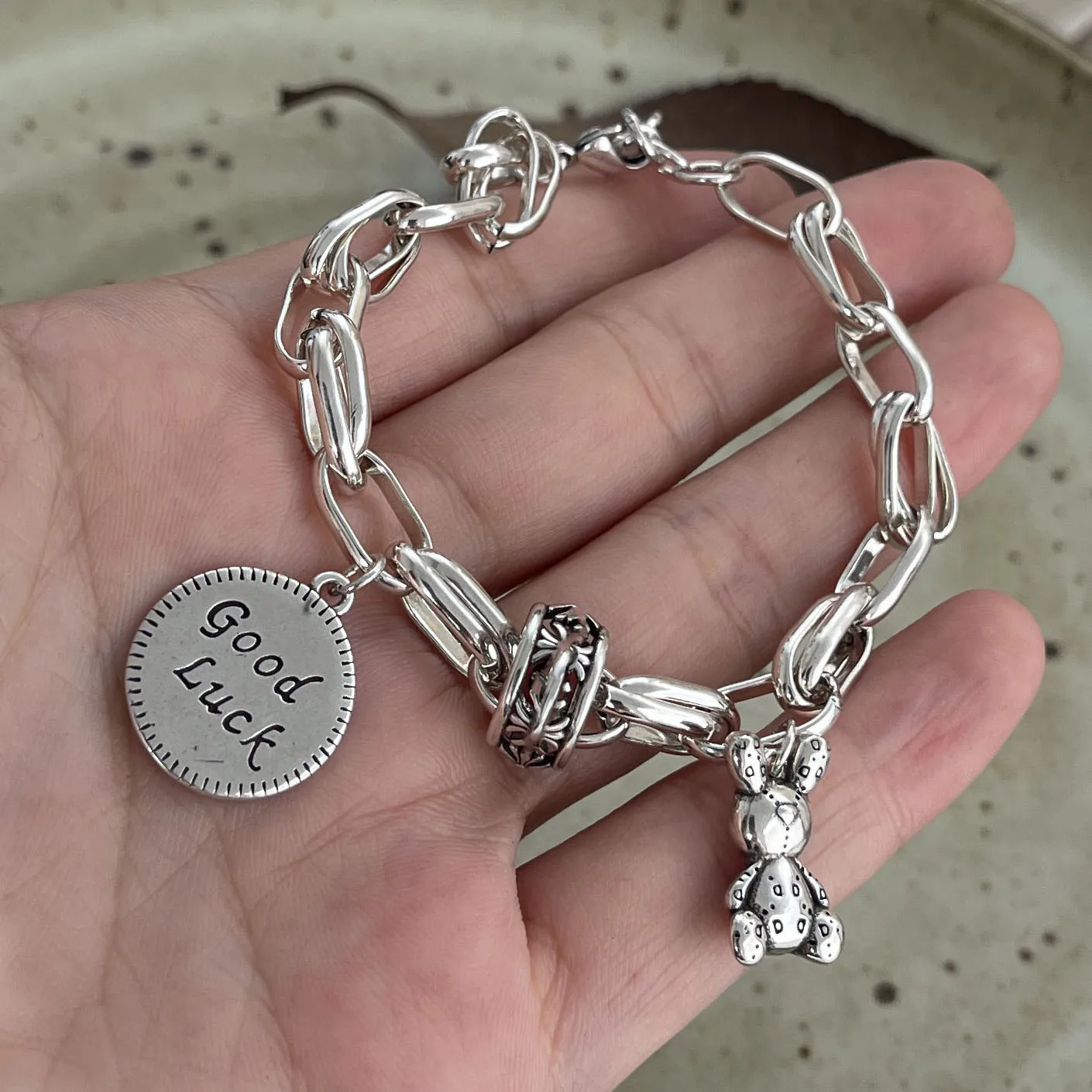 925 Sterling Silver Bracelets for Women Men String Accessories Trend Vintage Rabbit Pendant Party Jewelry Gift 260128