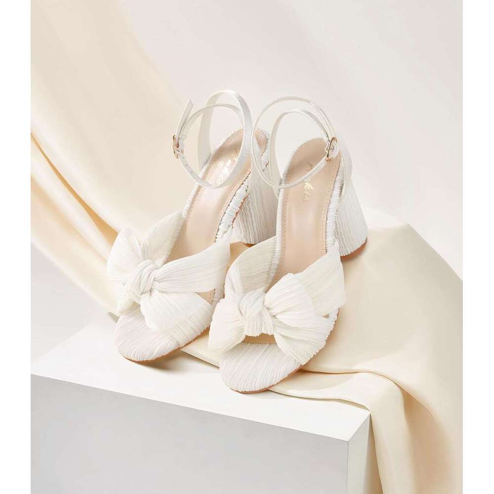 White Gold Bow Wedding Shoes For Bride Inch High Heel Open Toe Ankle Buckle Strap Dressy Pleated Women Shoe Party Graduation Event Summer