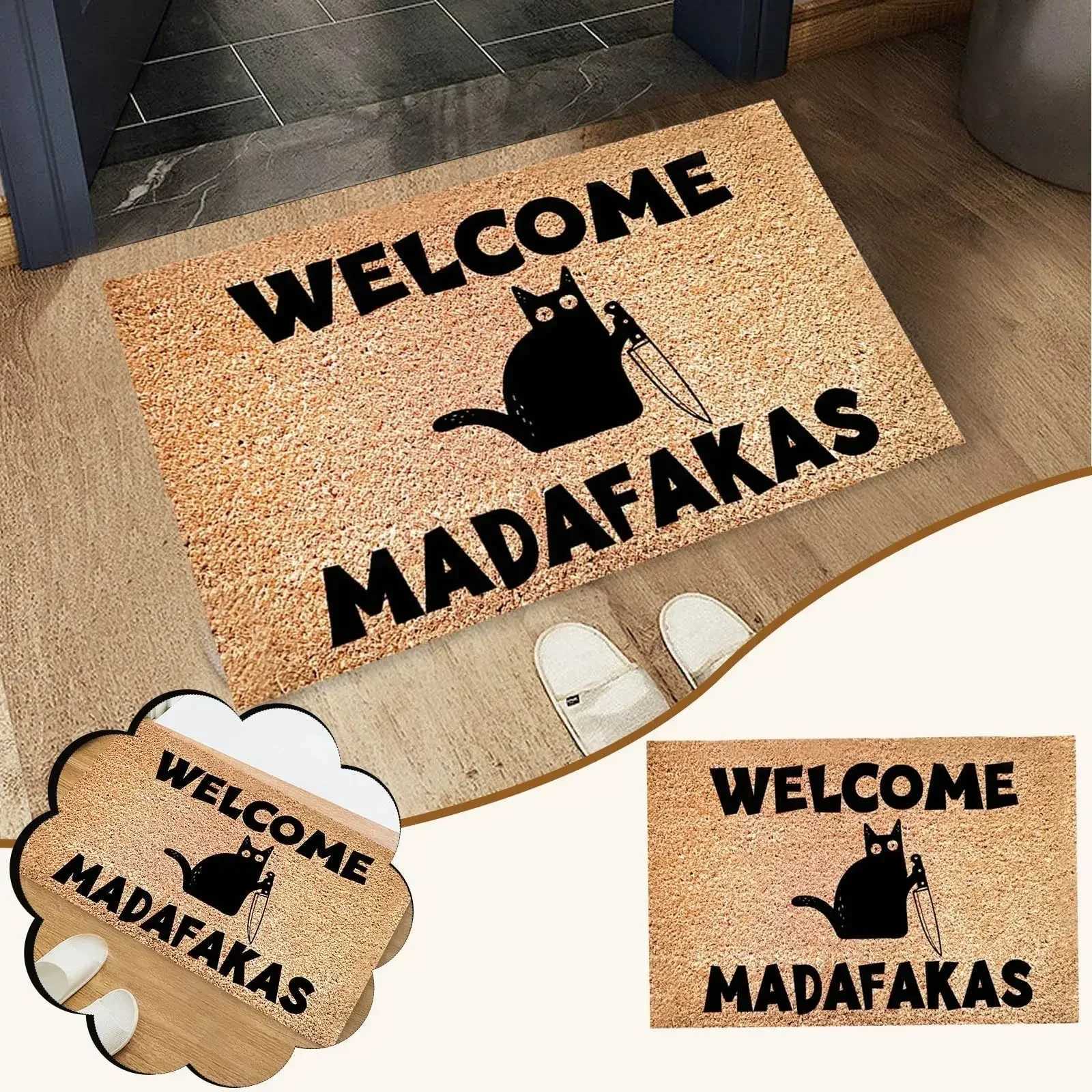 Dark Humor Black Cat Door Mat Welcome Madafakas Funny Quote Design Non-Slip Entrance Pad Durable Coir Material Home Decor S260207
