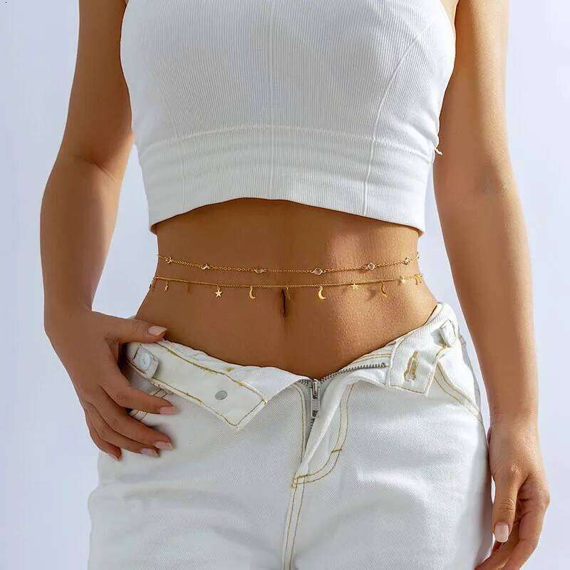 Sexy Metal Star Moon Double-Layer Waist for Women Girls Fashion Gold Color Crystal Tassel Belly Chain Bikini Body Jewelry X260209