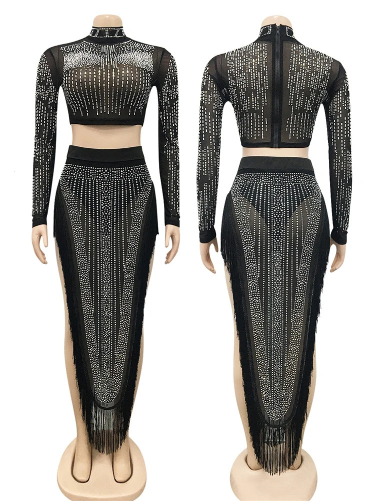 HBLL Womens 2 Piece Outfits Rhinestone Fringe Crop Cami Top and Bodycon Skirt Set Sexy Womens Nightclub Dress Party Dresses 260122