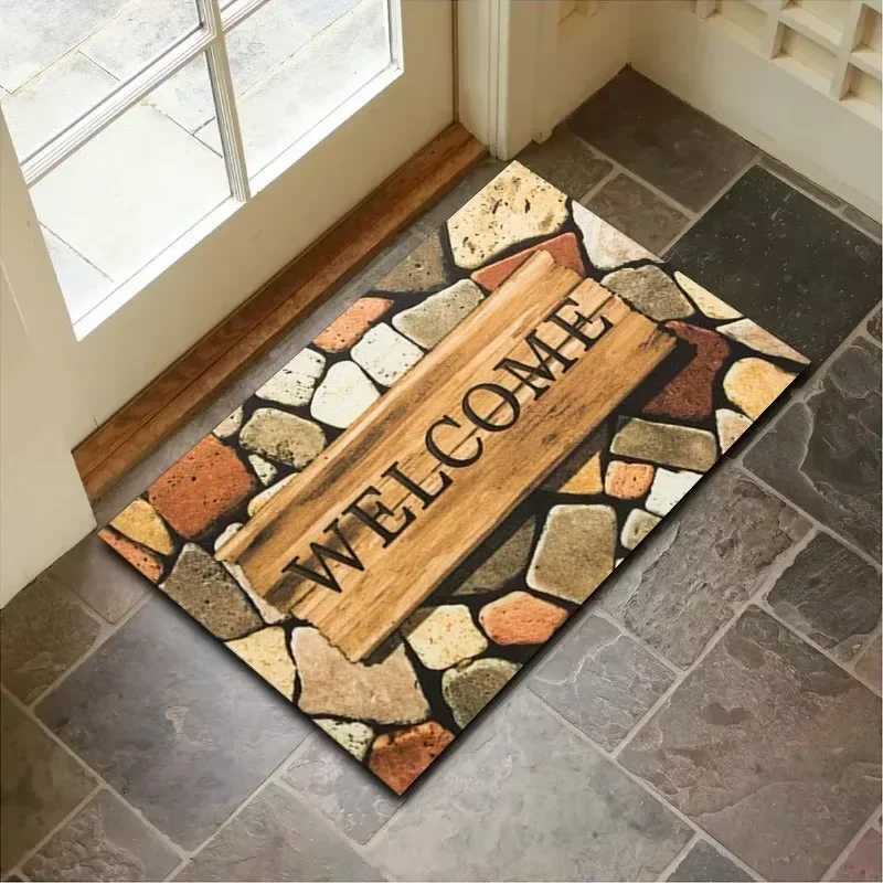 Stone Pattern Door Mat with Welcome Home Design Durable Non Slip Rug Decorative Floor Protector for Front Entrance and Porch S260207