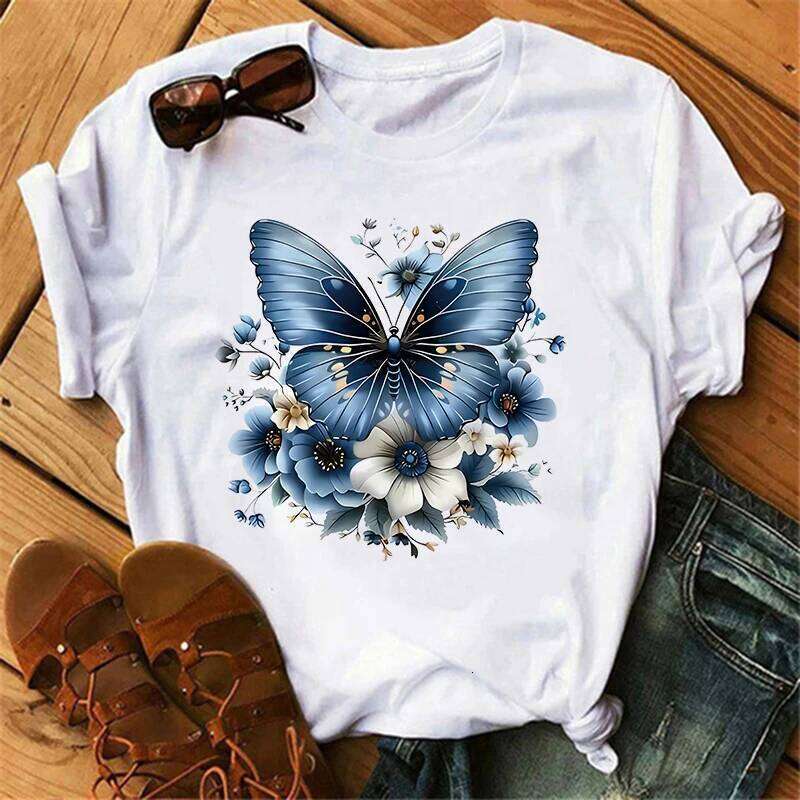 Gothic Art Floral With Blue Butterfly Short Sleeve Printed Shirt T-Shirt Clothing Women's Top Tee