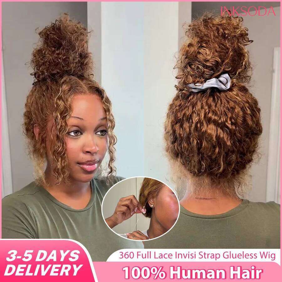 Highlight 360 Full Curly Human Hair Pre Plucked Deep Wave Glueless Invisible Strap Lace Frontal Wig Honey Blonde Color SHXI