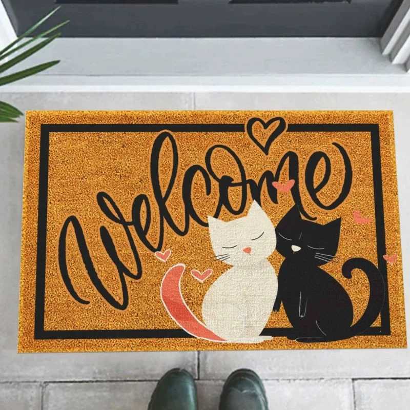 Natural Coir Welcome Doormat with Cute Black and White Cats Heart Design Non Slip Entryway Rug for Home Decor Indoor Outdoor S260207