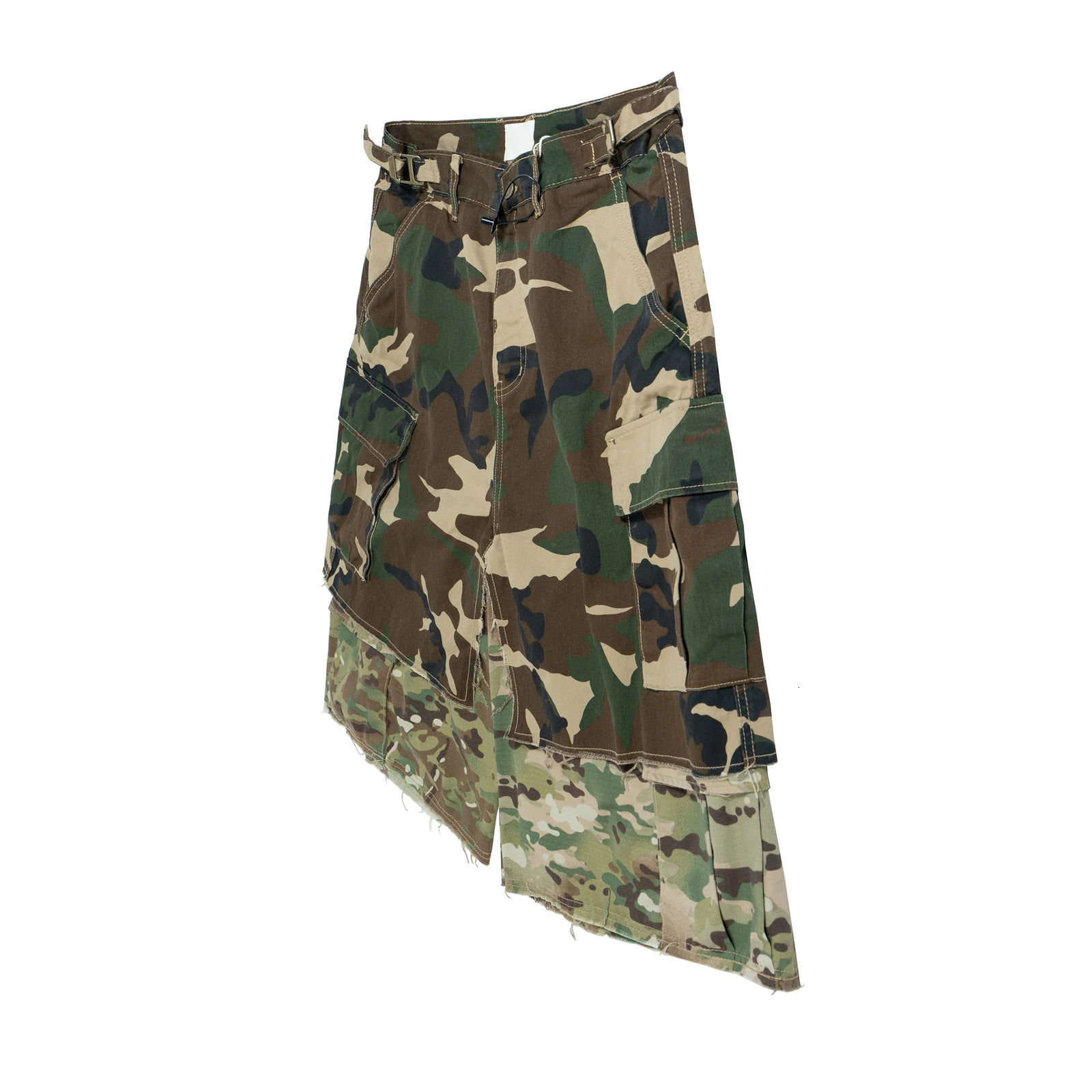 American Vintage Distressed Worn-out Two-piece Camouflage Wide-leg Denim Cropped Shorts Hip Hop Camo Cargo Jeans Shorts 260208