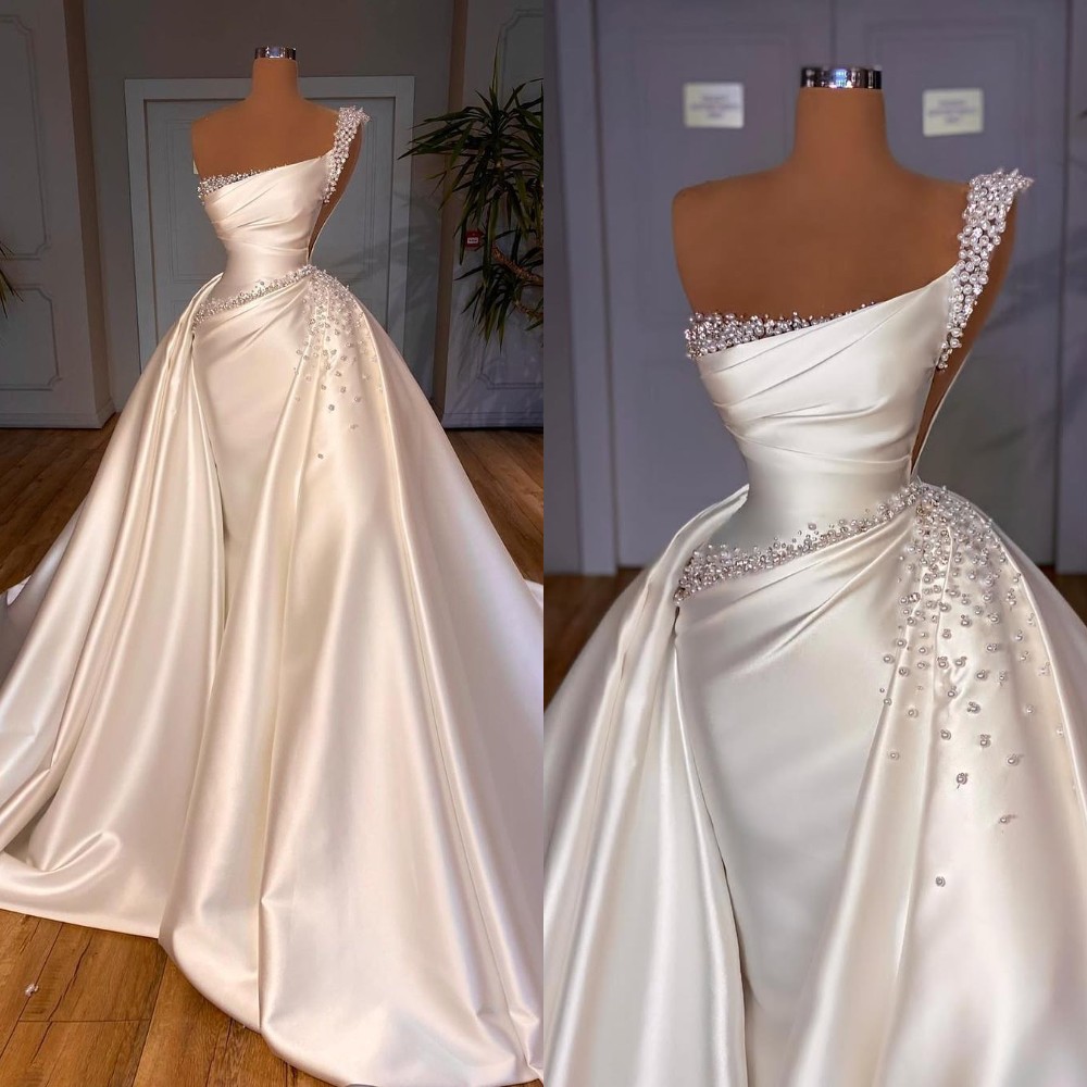 Modern Pearls Wedding Dresses One Shoulder Mermaid Bridal Gowns with Detachable Train Sleeveless Customized Vestidos De Novia Plus Size