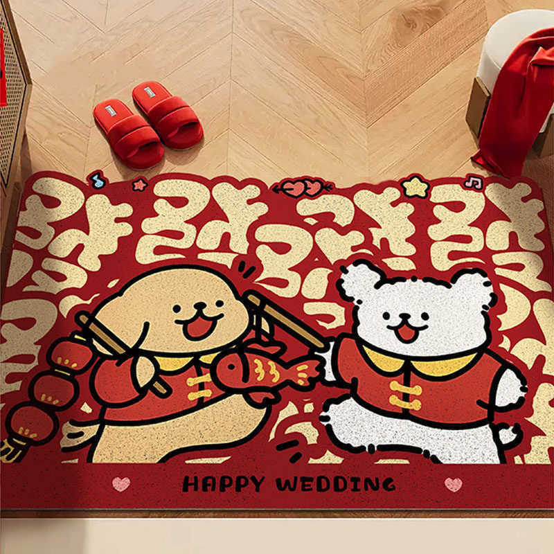 Cartoon puppy entrance door mat red festive household floor mat New Years dirt-resistant foot mat silk loop floor mat S260207