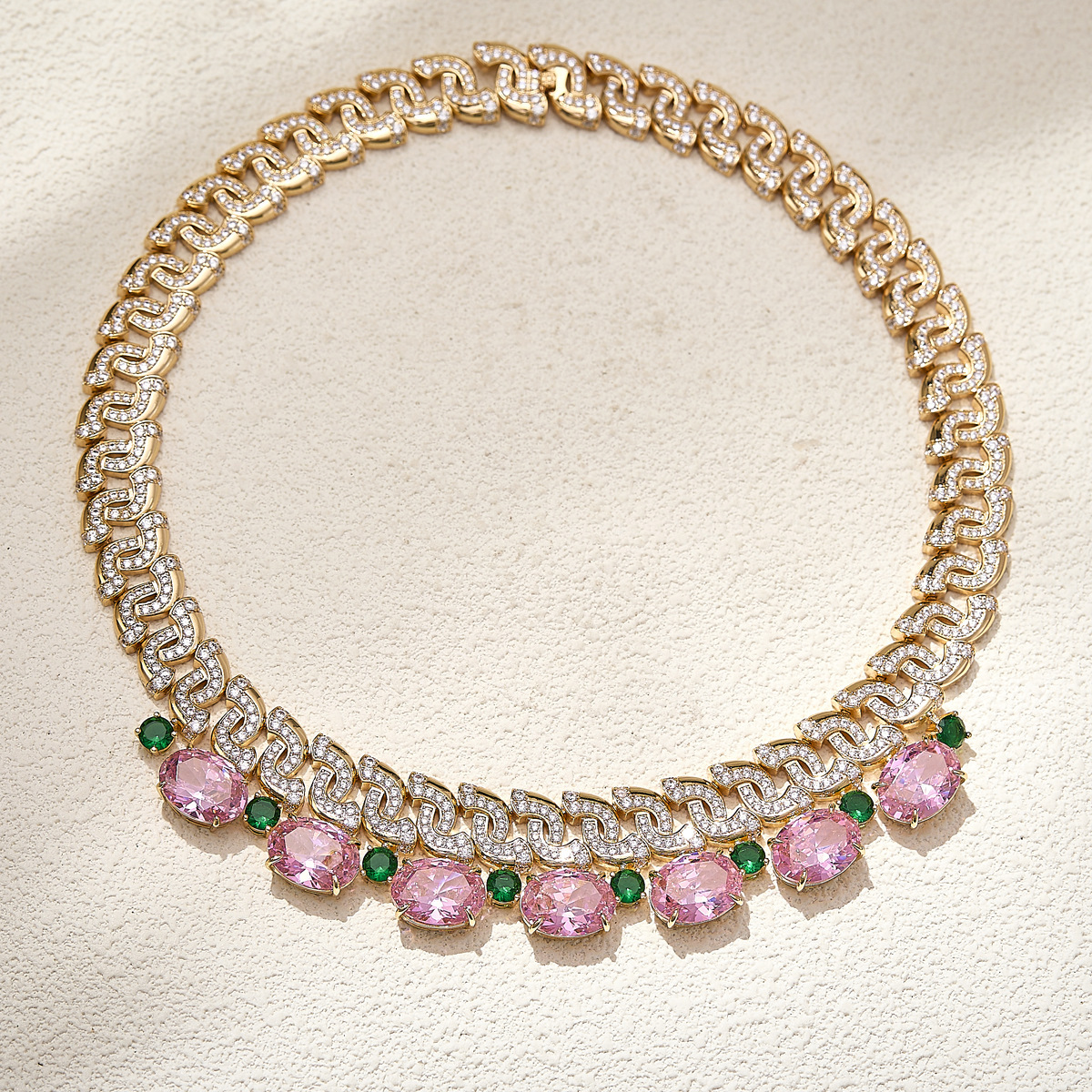 Necklace Pink Diamond Interwoven Evening Chain, Gold-Plated Necklace, Heavy-Duty Jewelry-Like Necklace High-End Women's Banquet Dress Chain Neckl