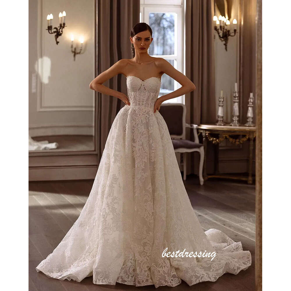 Classy Ivory Lace Wedding Dresses With Removable Sleeves Sexy Strapless Plus Size Boho Bridal Gowns Sweep Train A Line Modern Bride Reception Marriage
