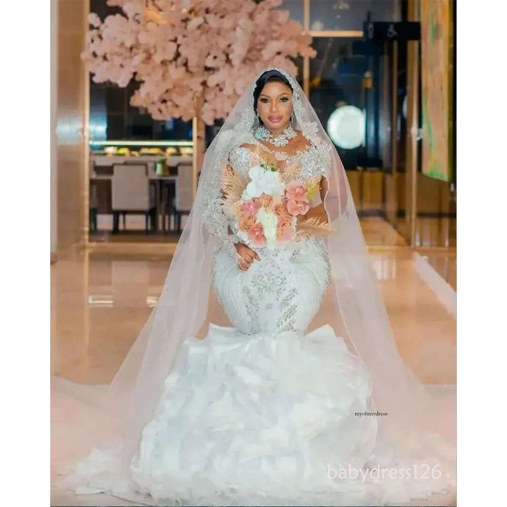 2025 Arabic Aso Ebi White Mermaid Wedding Dresses with Detachable Train gillter Beaded Crystals illusion long sleeve Bridal Gowns O23