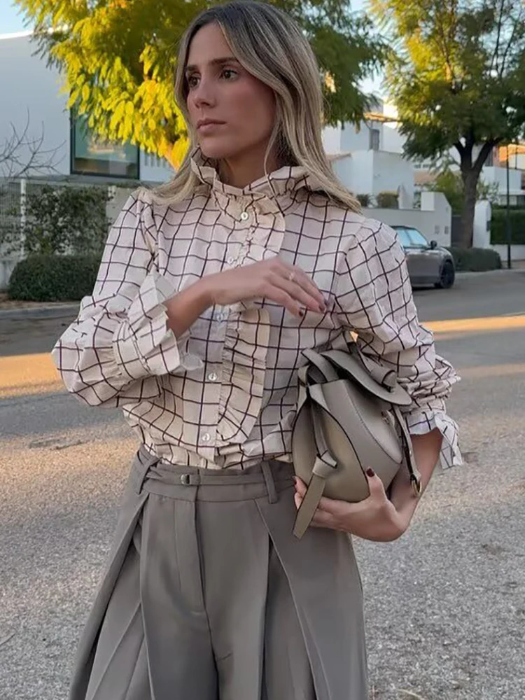 Sweet Women Ruffles Plaid Purple Shirts 2025 Fashion Ladies Casual Stand Collar Blouses for Party Female Elegant Tops Clothes 260122