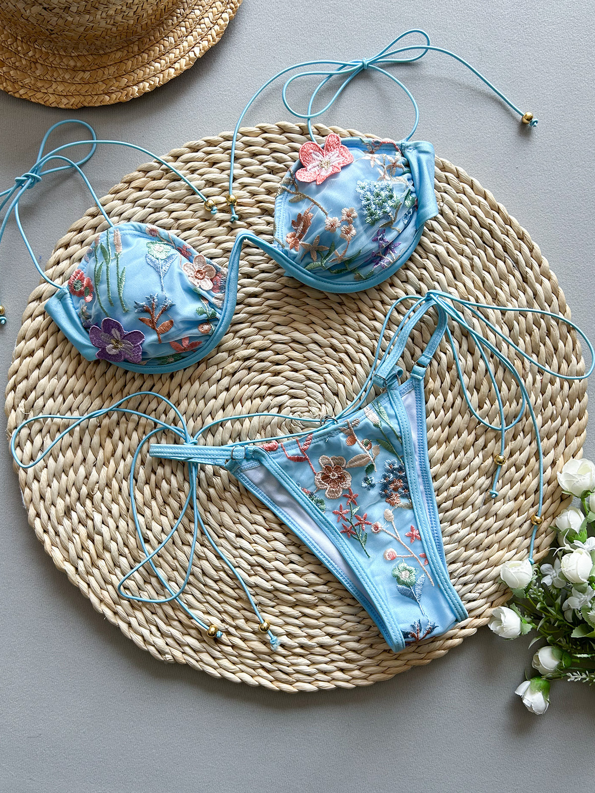 Women's Swimwear Bathing Suit String Bikinis Beige Shiny Flower Embroidery Thong Micro Push Up Bikini Set Sexy Swimsuit Women