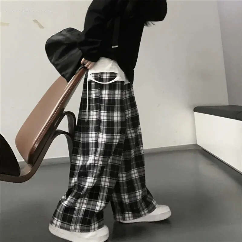 Fashion Oversized Drawstring Baggy Pants Women Black Plaid High Waist Unisex Hip Hop Pant Casual Loose Sweatpants Chic Trousers 122 H260209