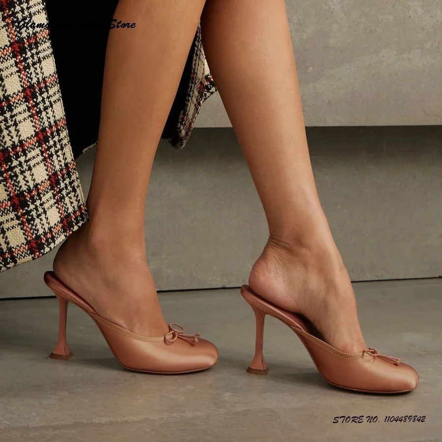 Elegant Womens Bowknot Satin Mules Cute Round Toe Hourglass High Heels Trending Shoes 2025 Spring Summer Banquet Dress Slippers 260208