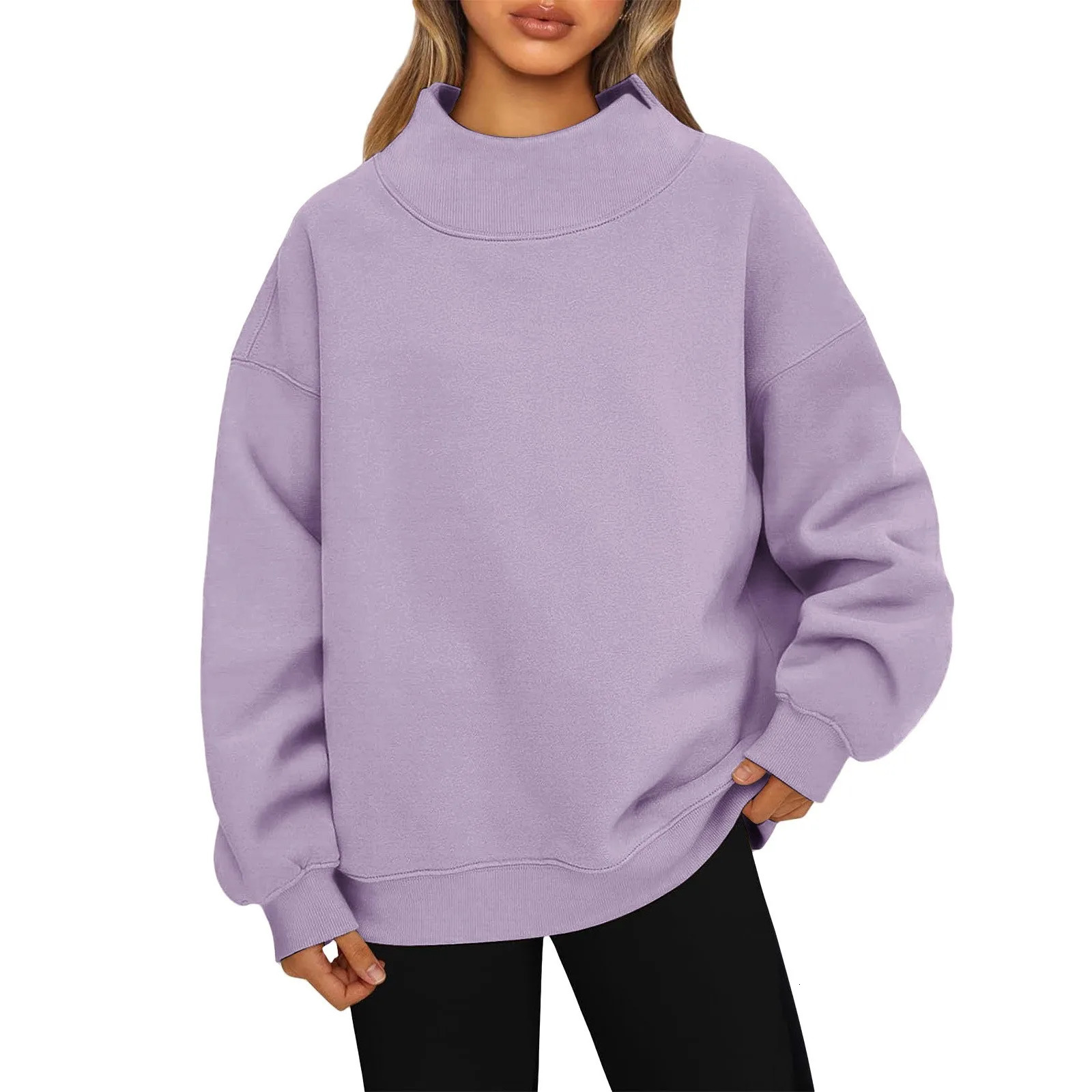 Fashionable Loose High Neck Long Sleeved Solid Color Hoodie for Lady Lazy Style Basic Casual Commuted Pullover Top 260126