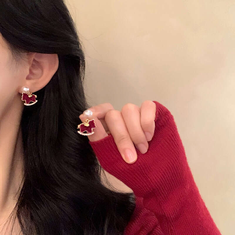 Chinese Gold Earrings Plated Zodiac Horse with Flocked Pony Pearl and Red Crystal Accents Light Luxury for Festival and 1 Cultural Celebration High Qu