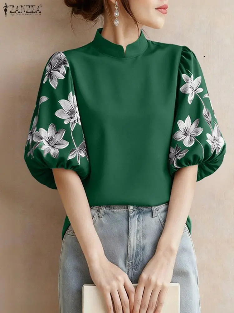 ZANZEA Elegant Women Blouses Fashion Stand Collar Floral Printed Half Lantern Sleeve Casual Tops Spring Woman Clothes S3XL 260207