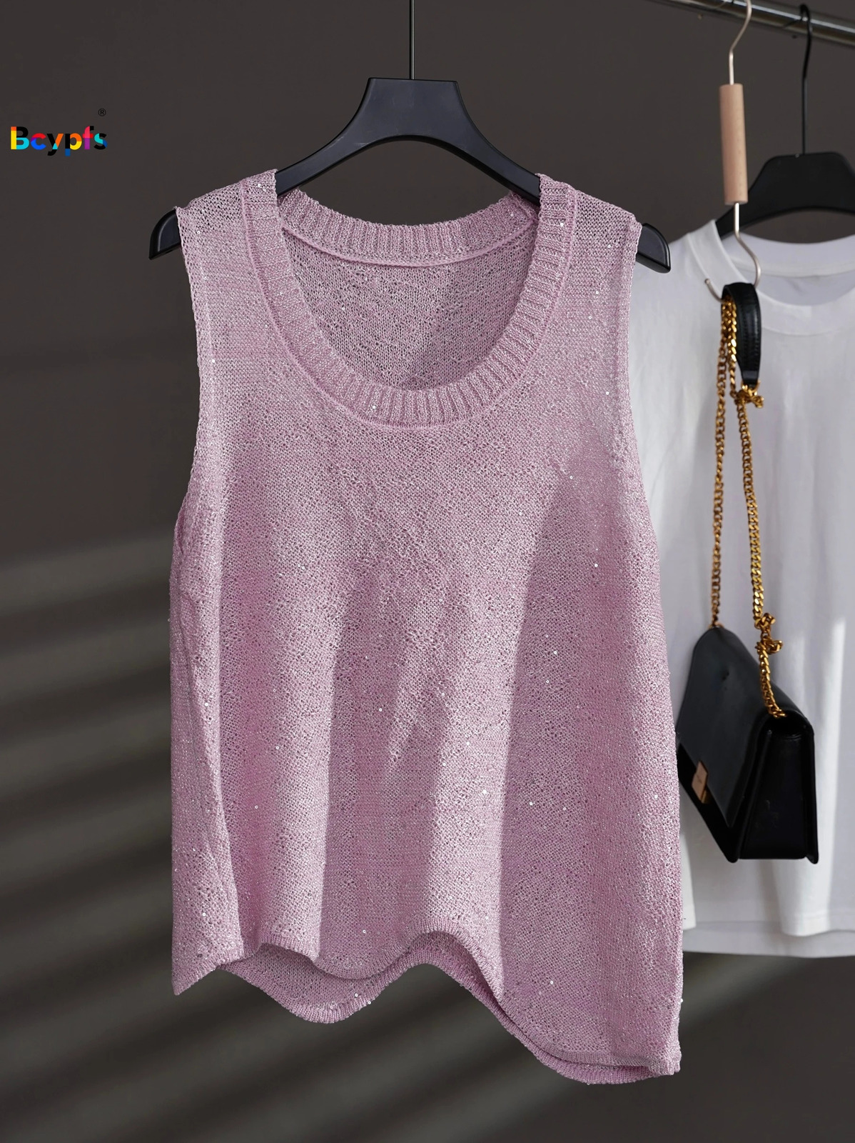 2026 Womens Soft Pink Knit Vest Wavy Hem Sleeveless Openwork Sequin Loose Top Versatile for Layering Casual Wear 260130